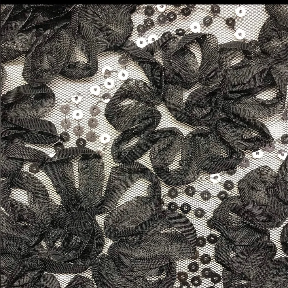 1 YD Black Floral Ribbon 2 Way Stretch Lace with Black Sequins Black Mesh Fabric - Picture 2 of 7